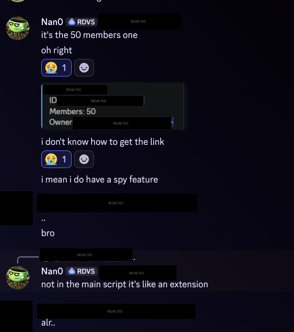 Discord DM: Nan0 posts a server info card then says &lsquo;i mean i do have a spy feature&rsquo;