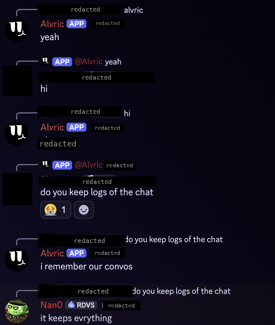 Discord chat: asked &lsquo;do you keep logs of the chat&rsquo;, the Alvric bot replies &lsquo;i remember our convos&rsquo; and Nan0 says &lsquo;it keeps evrything&rsquo;